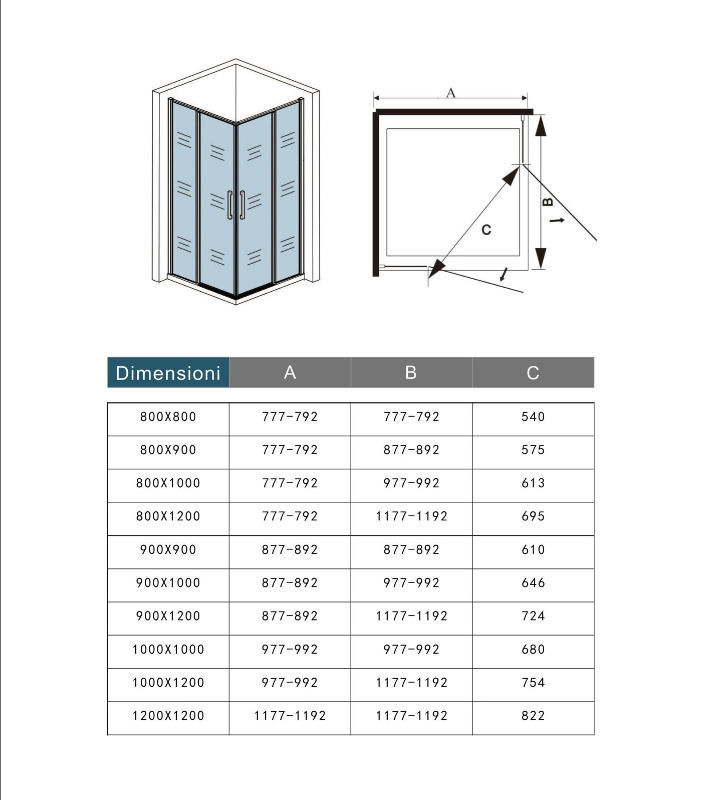 Box Doccia Angolare 80/90/100/120x80/90/100/120 cm H.185 cm Doppia Porta Battente in Vetro Temperato Trasparente Anticalcare 6 mm Profilo Nero Opaco