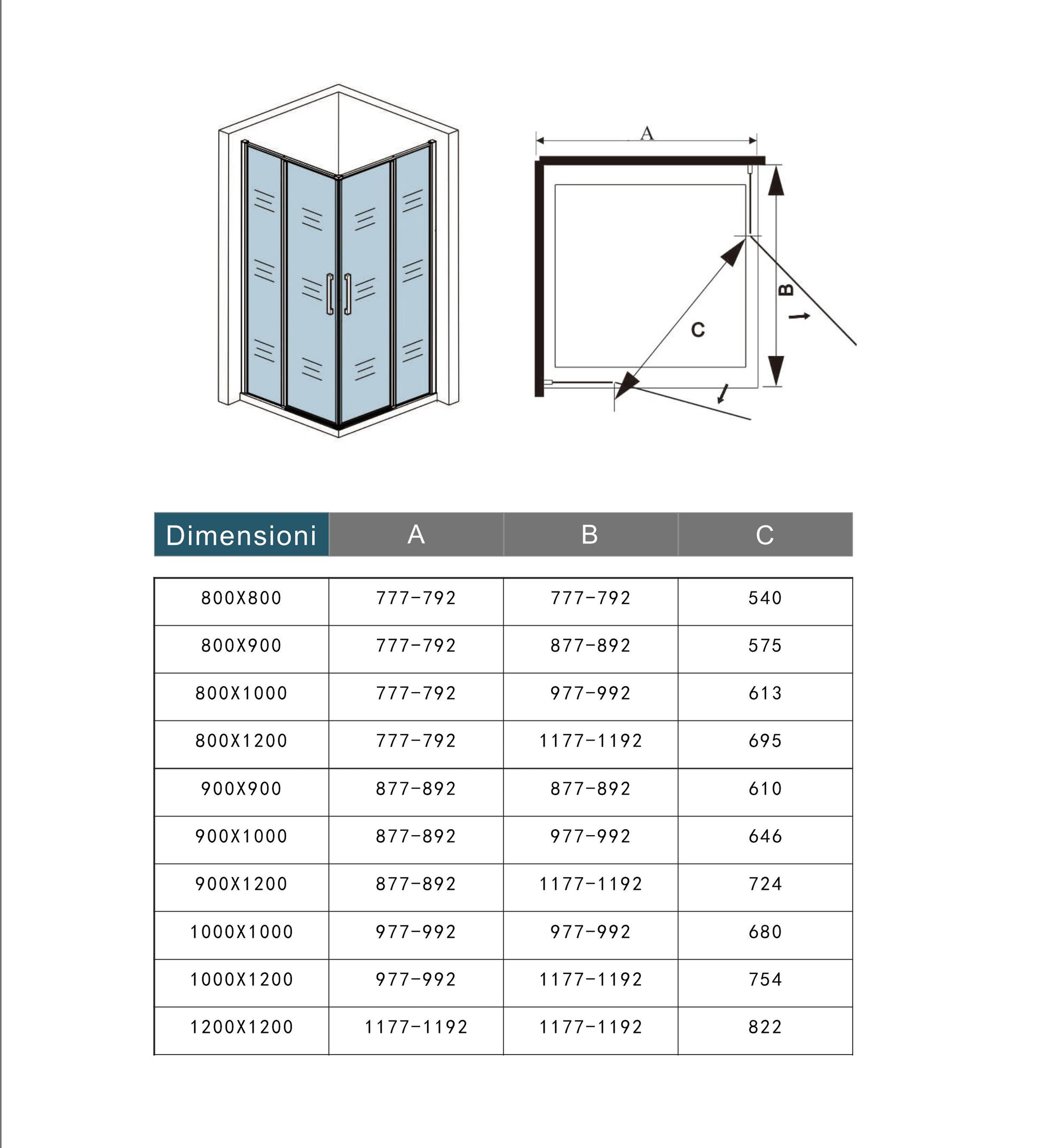 Box Doccia Angolare 80/90/100/120x80/90/100/120 cm H.185 cm Doppia Porta Battente in Vetro Temperato Trasparente Anticalcare 6 mm Profilo Nero Opaco