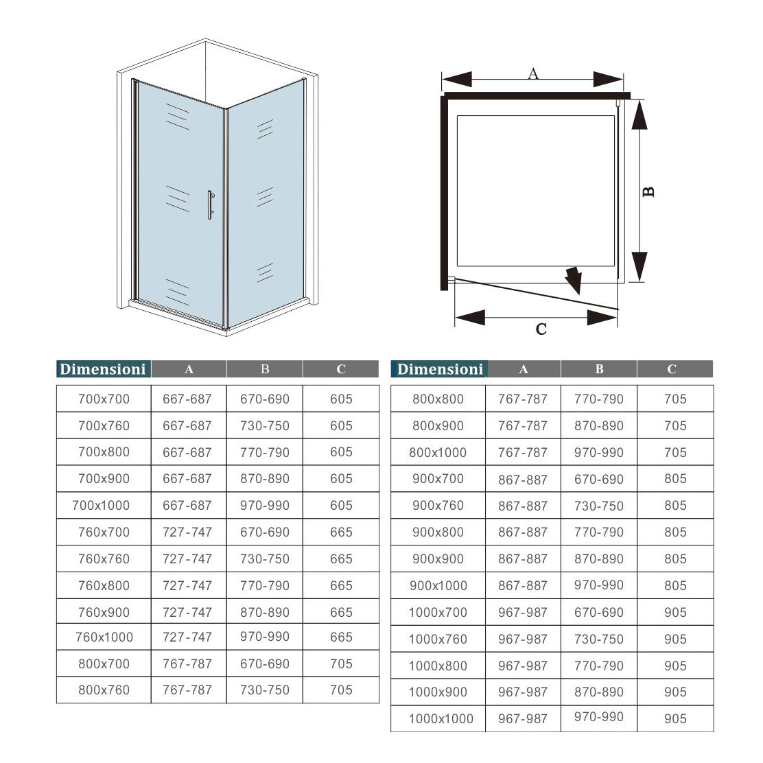 Aica 185 cm Box Doccia Angolare Porta Battente Più Parete Laterale Fissa Vetro 6 mm Temperato Anticalcare Telaio e Barra Stabilizzatrice