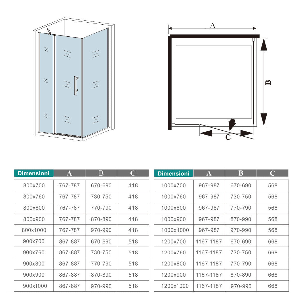 195cm Box Doccia Angolare Porta Battente con Parete Fissa in Vetro Temperato 6mm Anticalcare e 2 Barre Stabilizzatrici Telaio Cromo Lucido