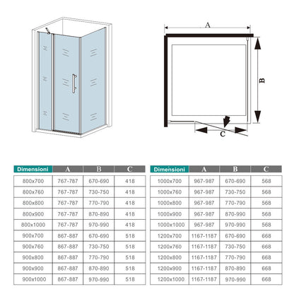 195cm Box Doccia Angolare Porta Battente con Parete Fissa in Vetro Temperato 6mm Anticalcare e 2 Barre Stabilizzatrici Telaio Cromo Lucido