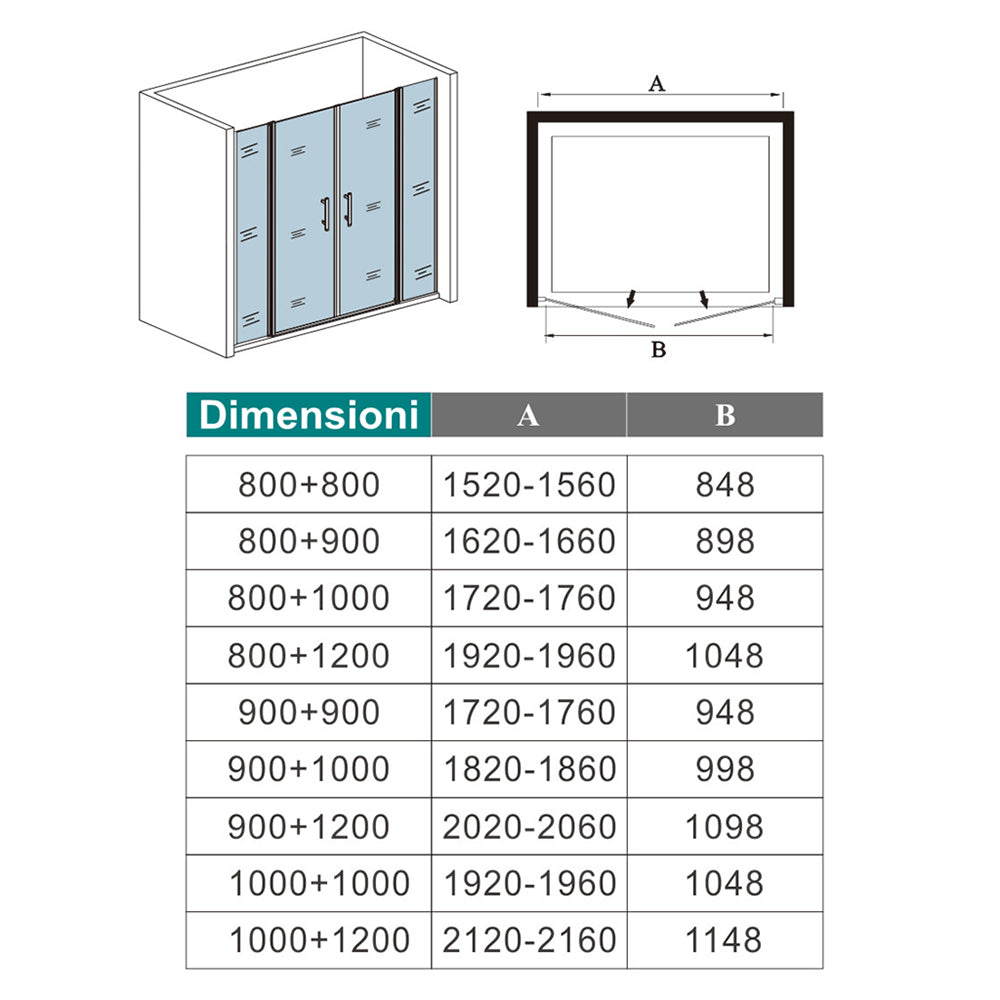 Aica Box Doccia per Nicchia 195 cm Doppia Porta Battente Saloon 2 Pannelli Fissi con Barra Stabilizzatrice Vetro Temperato 6 mm Anticalcare