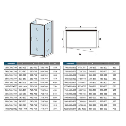 185cm Box Doccia a Tre Lati Porta Girevole Battente con Doppia Parete Fissa Vetro Temperato Trasparente 5mm Profilo Cromo Lucido