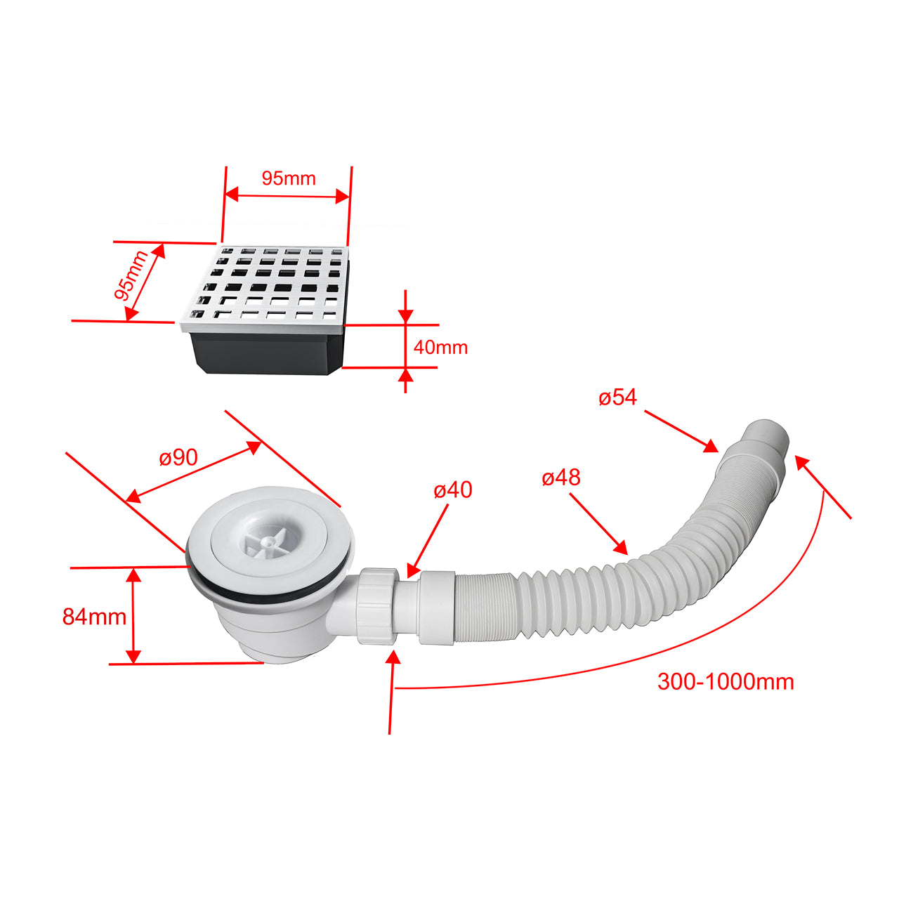 Piletta Sifone per Aica Piatto Doccia da Piastrellare Diametro 90 mm Griglia Quadrata e Tubo Flessibile incluso Piletta Sifone Quadrata + flessibile