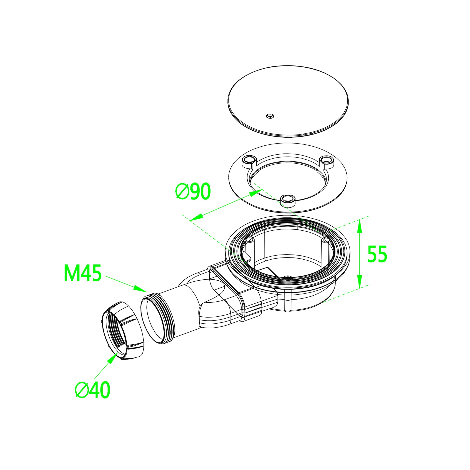 Piletta doccia sifone bianca extra sottile per piatti doccia diametro 90 mm coperchio in ABS cromato