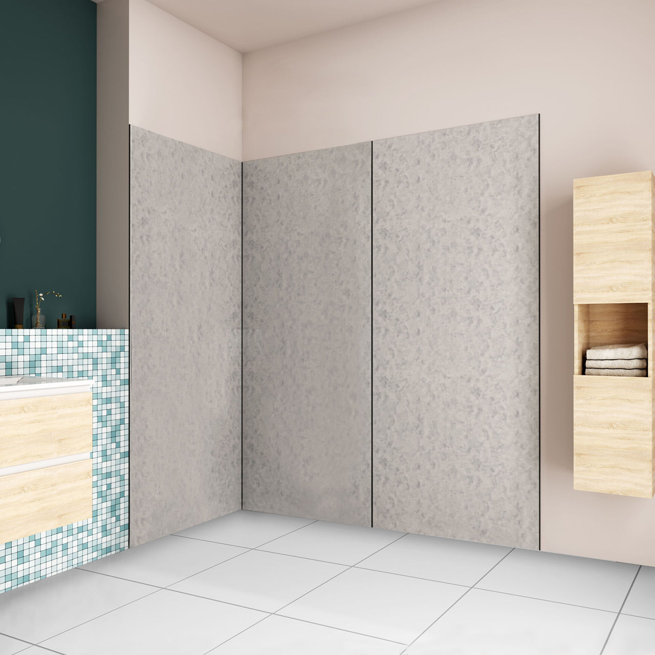 Pannello doccia angolare H.210 cm, disponibile in più misure, realizzato in alluminio da 3 mm con finitura grigio cemento, adatto per l'arredo delle pareti del bagno - Consegna gratuita