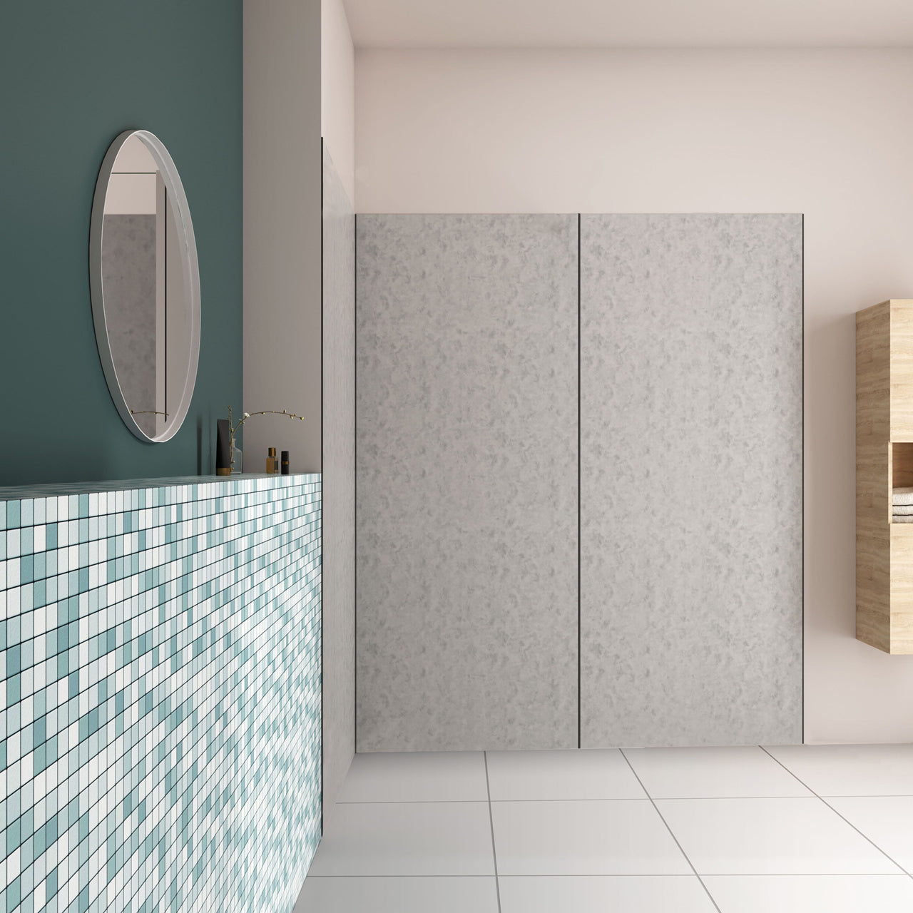 Pannello doccia angolare H.210 cm, disponibile in più misure, realizzato in alluminio da 3 mm con finitura grigio cemento, adatto per l'arredo delle pareti del bagno