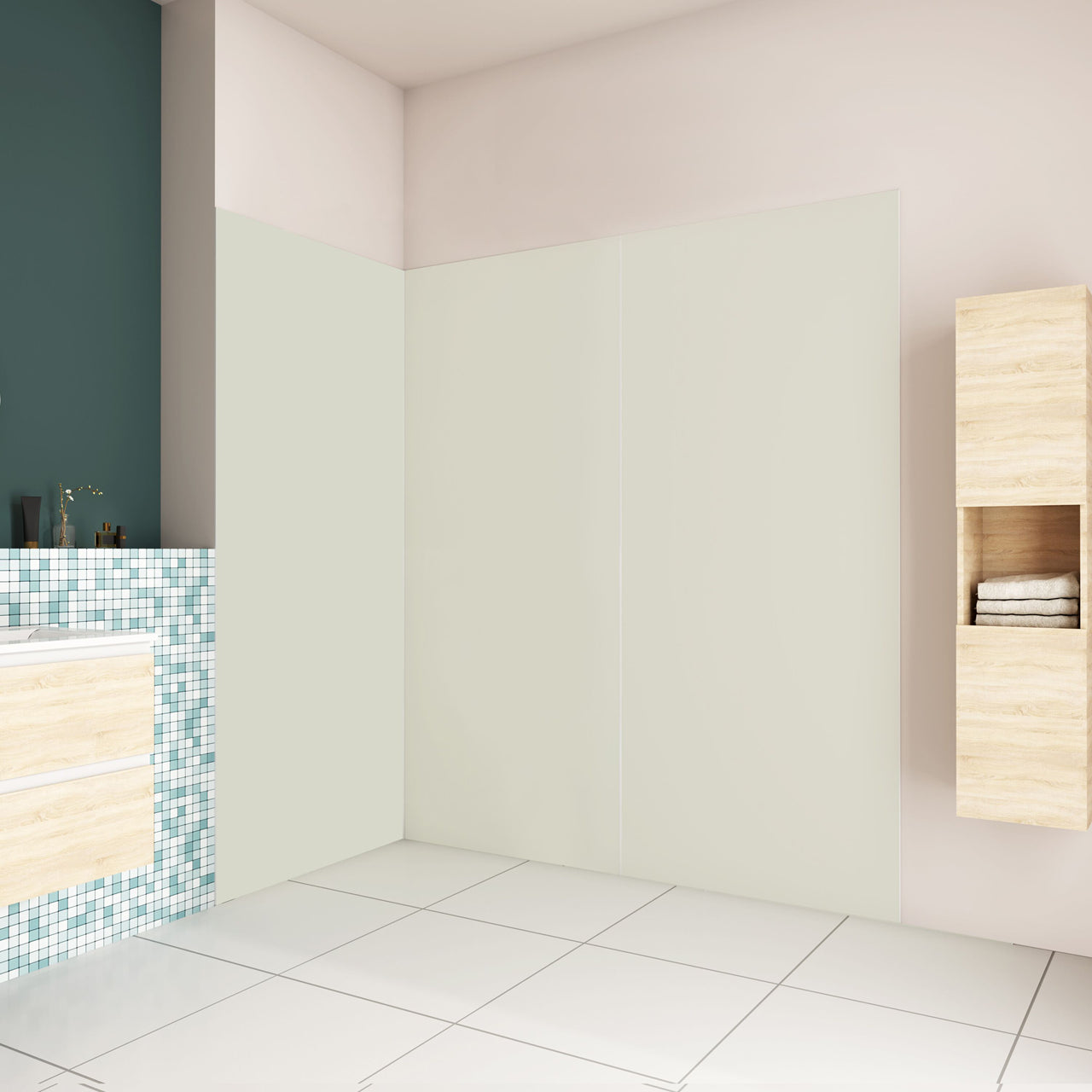 Pannello doccia angolare H.210 cm, disponibile in più misure, realizzato in alluminio da 3 mm con finitura bianco avorio, adatto per l'arredo delle pareti del bagno