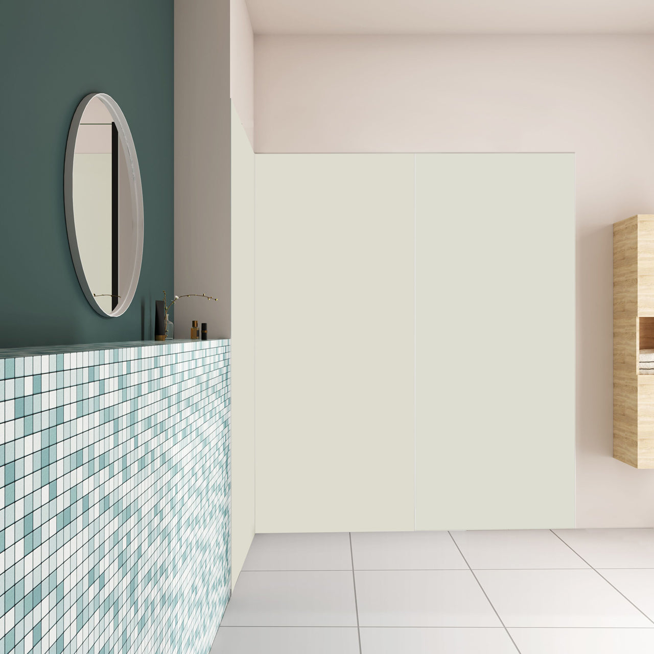 Pannello doccia angolare H.210 cm, disponibile in più misure, realizzato in alluminio da 3 mm con finitura bianco avorio, adatto per l'arredo delle pareti del bagno