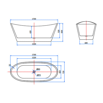 Vasca da Bagno a Isola Freestanding in Acrilico da 170x72x65 cm, Colore Bianco, Forma di Barca Ovale