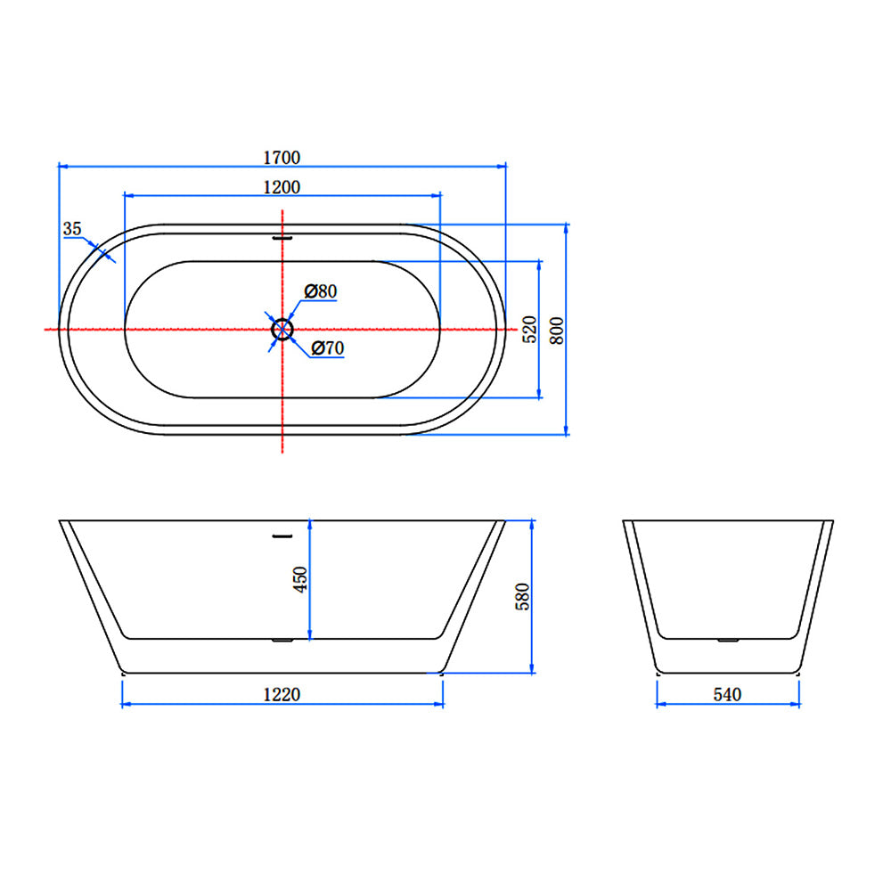 Vasca da Bagno a Isola Freestanding in Acrilico da 170x80x58 cm, Colore Bianco, Forma Ovale