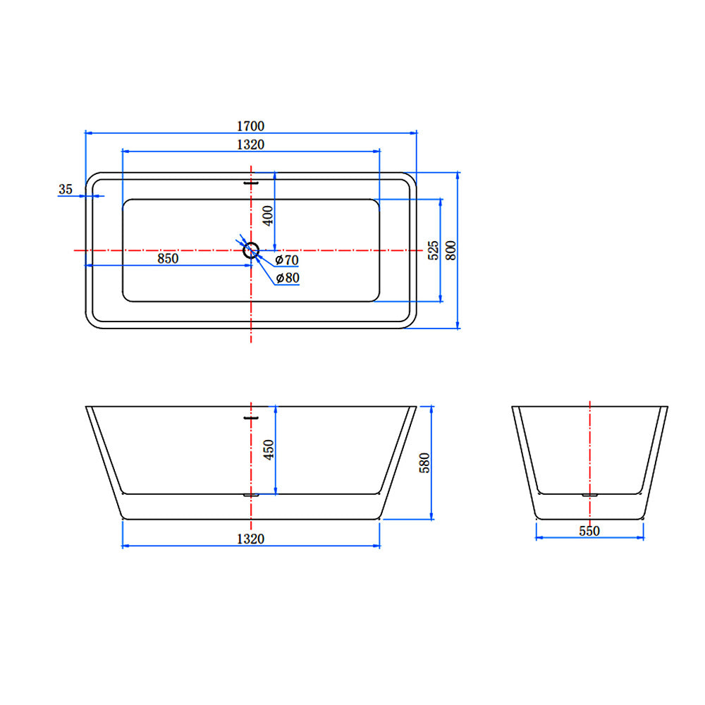 Vasca da Bagno a Isola Freestanding in Acrilico da 170x80x58 cm/150x72x56 cm, Colore Bianco, Forma Rettangolare