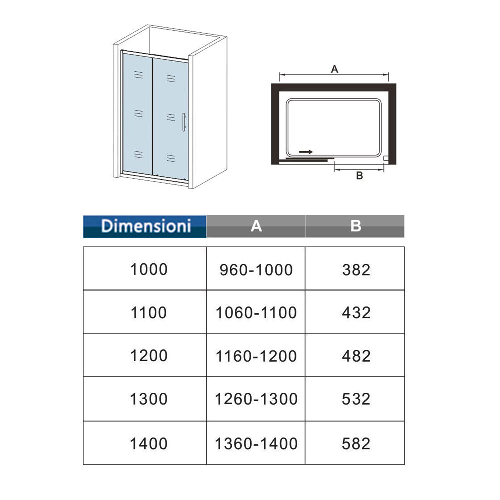 185cm Porta Doccia Per Nicchia Anta Scorrevole Ingresso Laterale In Vetro Temperato 5mm Satinato Opaco