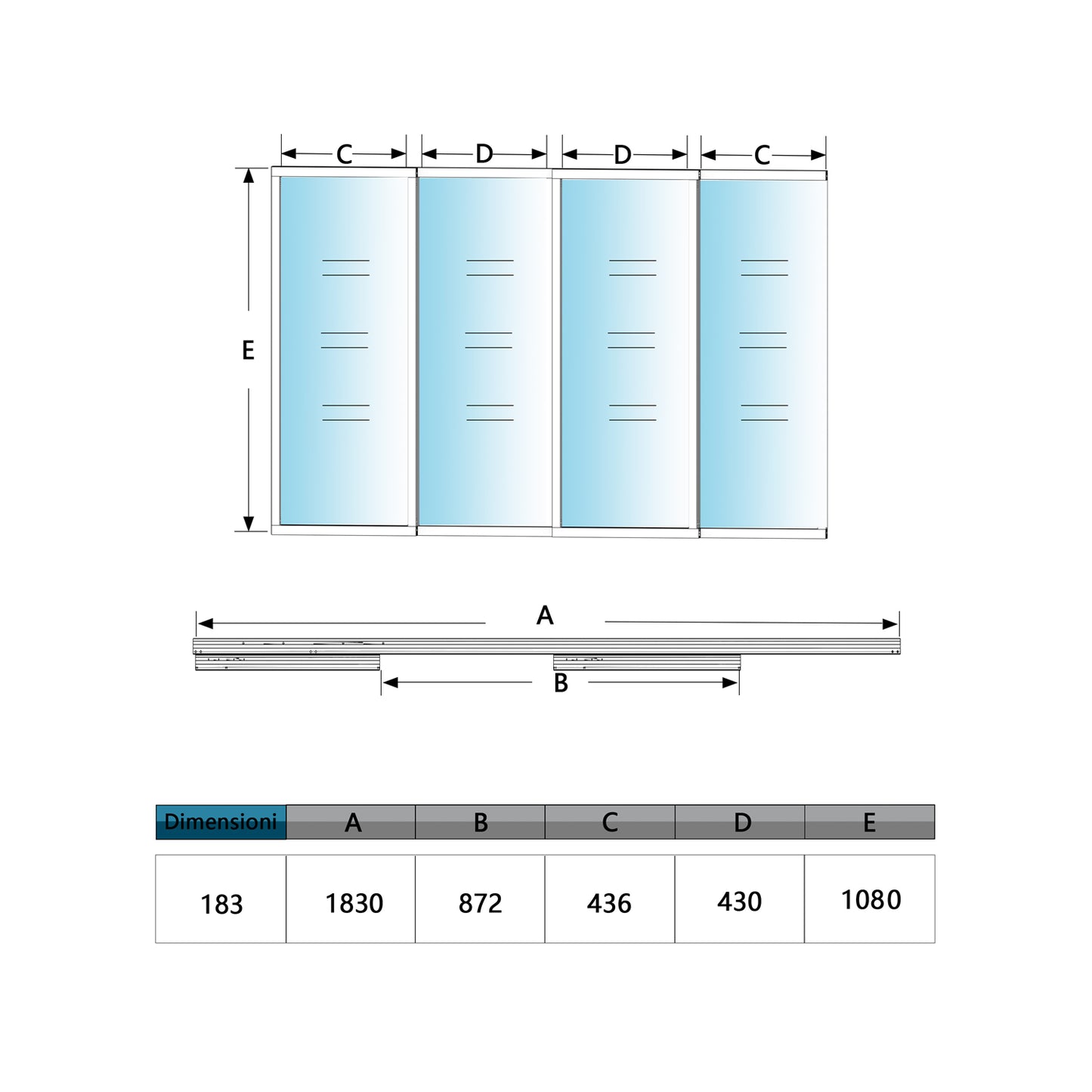 Vetrata Scorrevole Interna 183x108 cm in Vetro Temperato 4 Lastre Corniciate Profilo Nero Opaco Divisorio da Casa