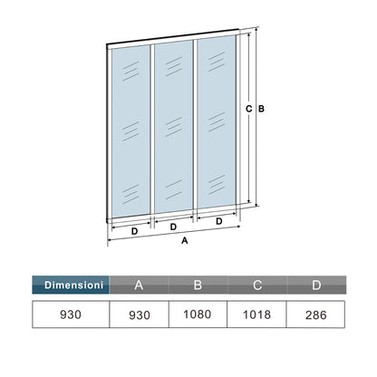 Parete Vetrata Interna 93x108cm in Vetro Temperato Trasparente da 4mm 3 Lastre Corniciate Profilo Nero Opaco Divisorio da Casa