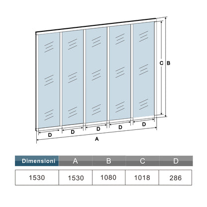 Parete Vetrata Interna 153x108cm in Vetro Temperato Trasparente da 4mm 5 Lastre Corniciate Profilo Nero Opaco Divisorio da Casa