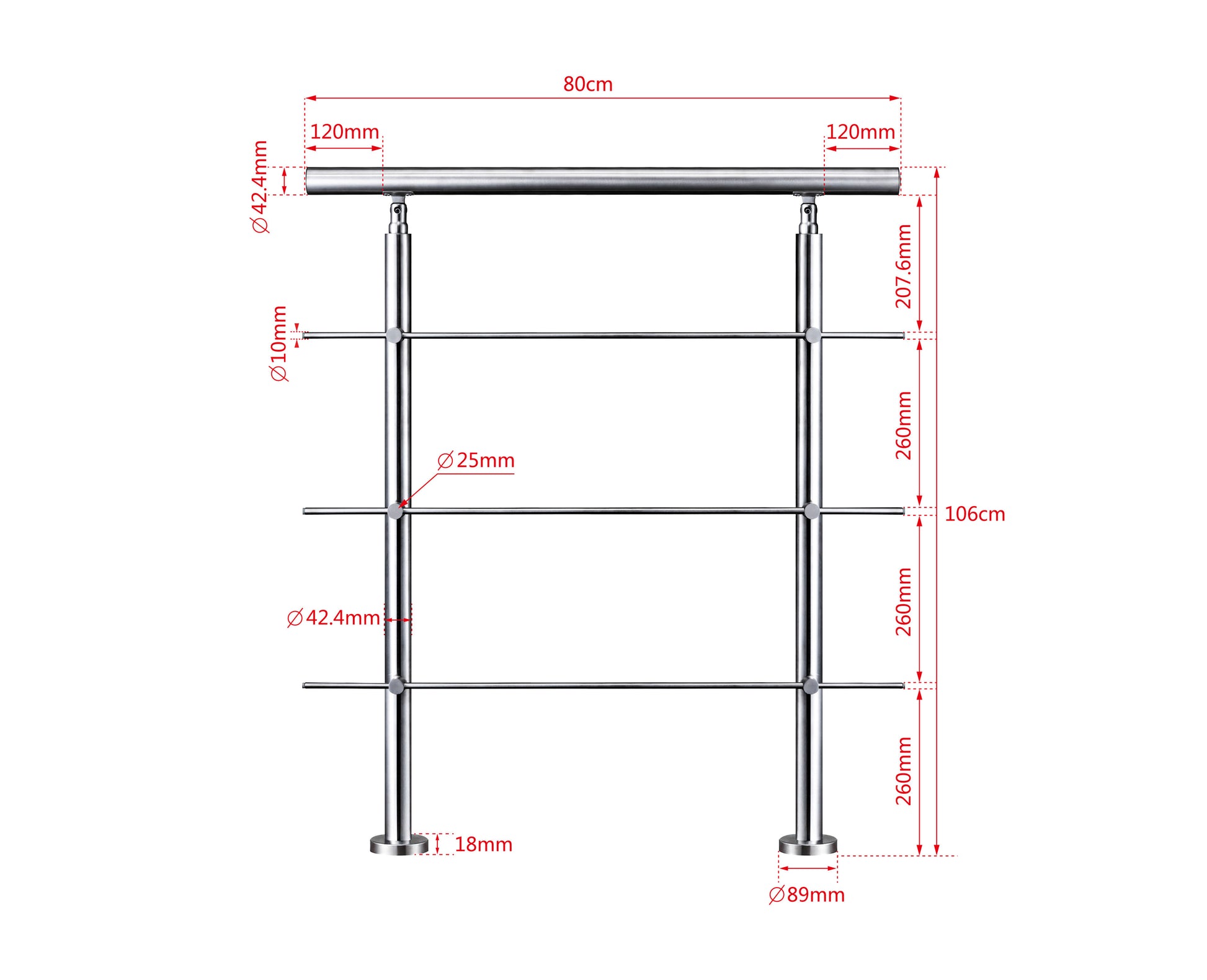 Ringhiera universale in acciaio inox 80-100-120-150-180-200-220-240 cm con 3 barre trasversali 80x106cm