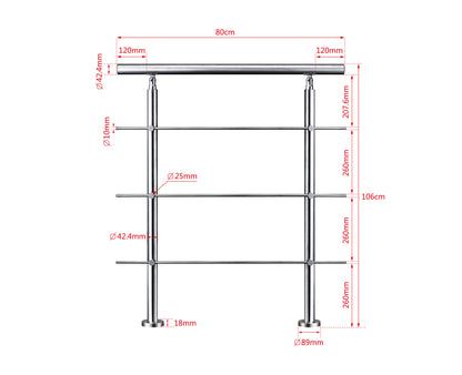 Ringhiera universale in acciaio inox 80-100-120-150-180-200-220-240 cm con 3 barre trasversali 80x106cm