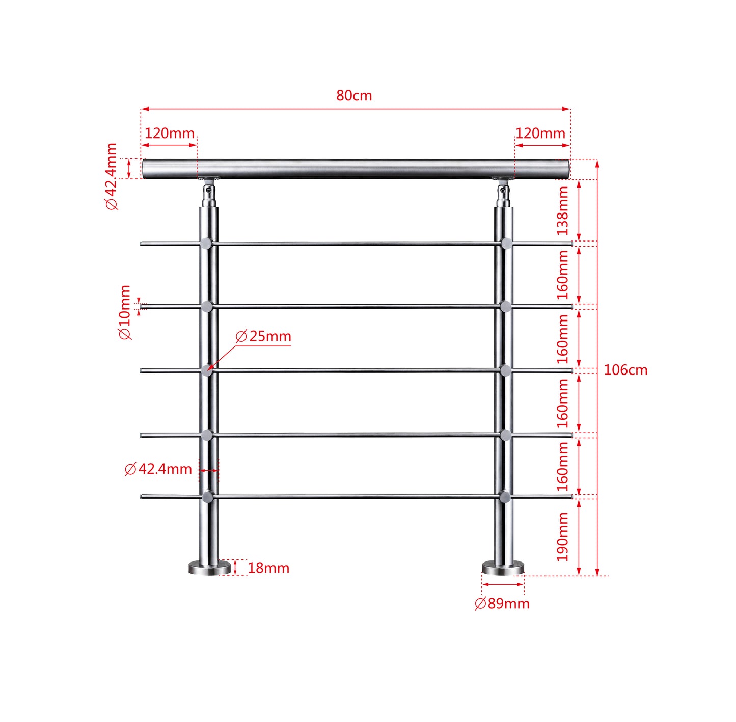 Ringhiera universale in acciaio inox 80-100-120-150-180-200-220-240 cm con 5 barre trasversali 80x106cm