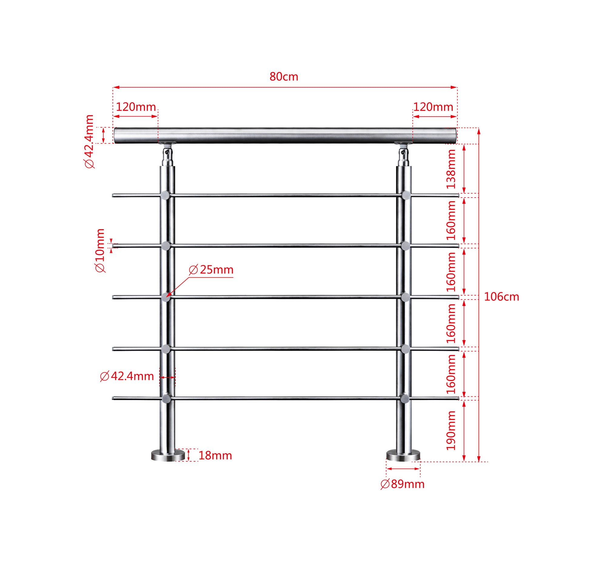 Ringhiera universale in acciaio inox 80-100-120-150-180-200-220-240 cm con 5 barre trasversali 80x106cm