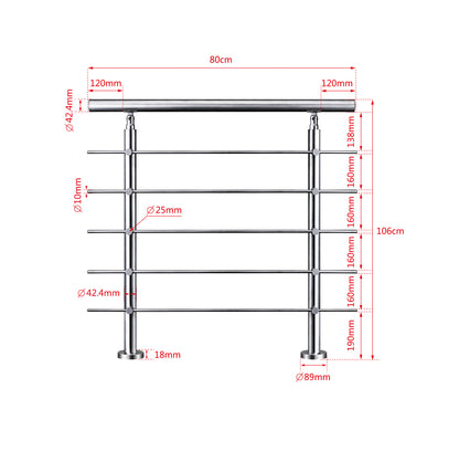 Ringhiera universale in acciaio inox 80-100-120-150-180-200-220-240 cm con 5 barre trasversali 80x106cm