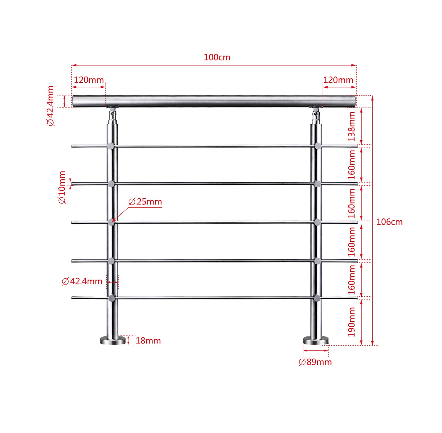 Ringhiera universale in acciaio inox 80-100-120-150-180-200-220-240 cm con 5 barre trasversali 100x106cm