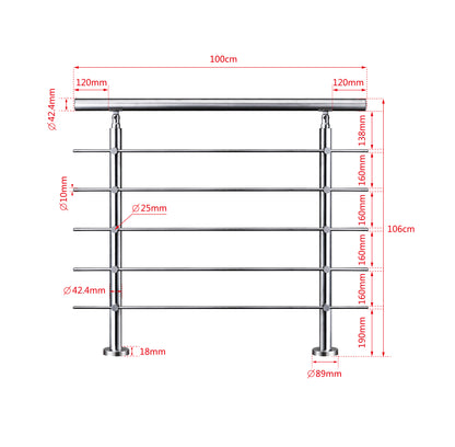 Ringhiera universale in acciaio inox 80-100-120-150-180-200-220-240 cm con 5 barre trasversali 100x106cm