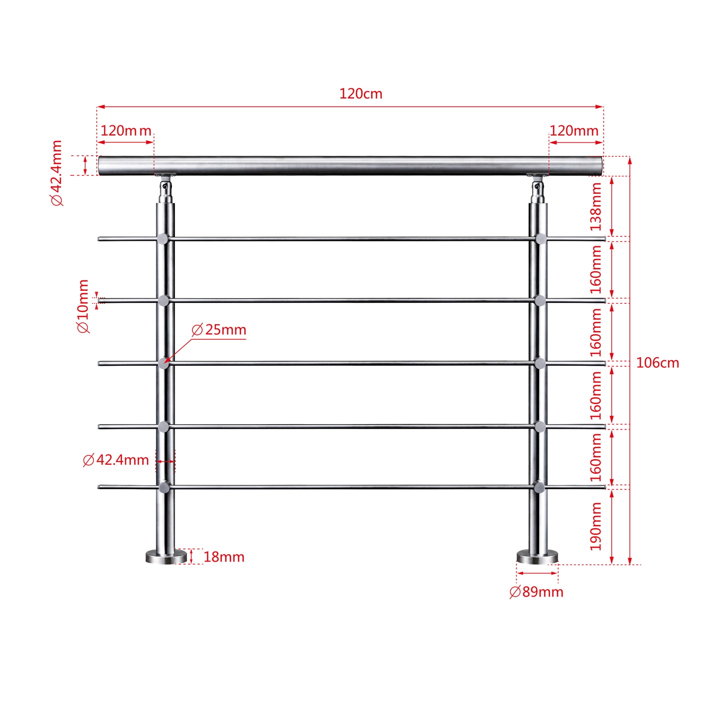 Ringhiera universale in acciaio inox 80-100-120-150-180-200-220-240 cm con 5 barre trasversali 120x106cm