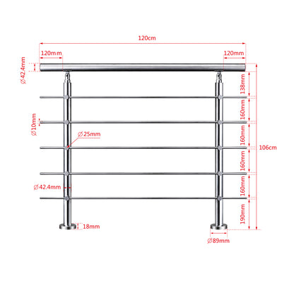 Ringhiera universale in acciaio inox 80-100-120-150-180-200-220-240 cm con 5 barre trasversali 120x106cm