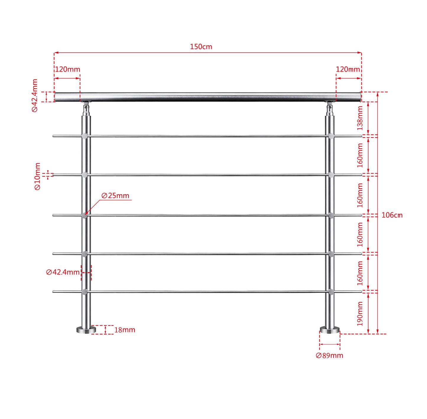 Ringhiera universale in acciaio inox 80-100-120-150-180-200-220-240 cm con 5 barre trasversali 150x106cm
