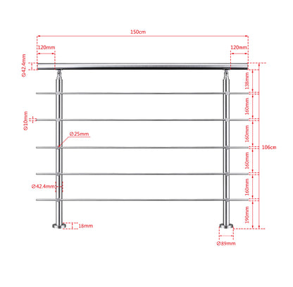 Ringhiera universale in acciaio inox 80-100-120-150-180-200-220-240 cm con 5 barre trasversali 150x106cm