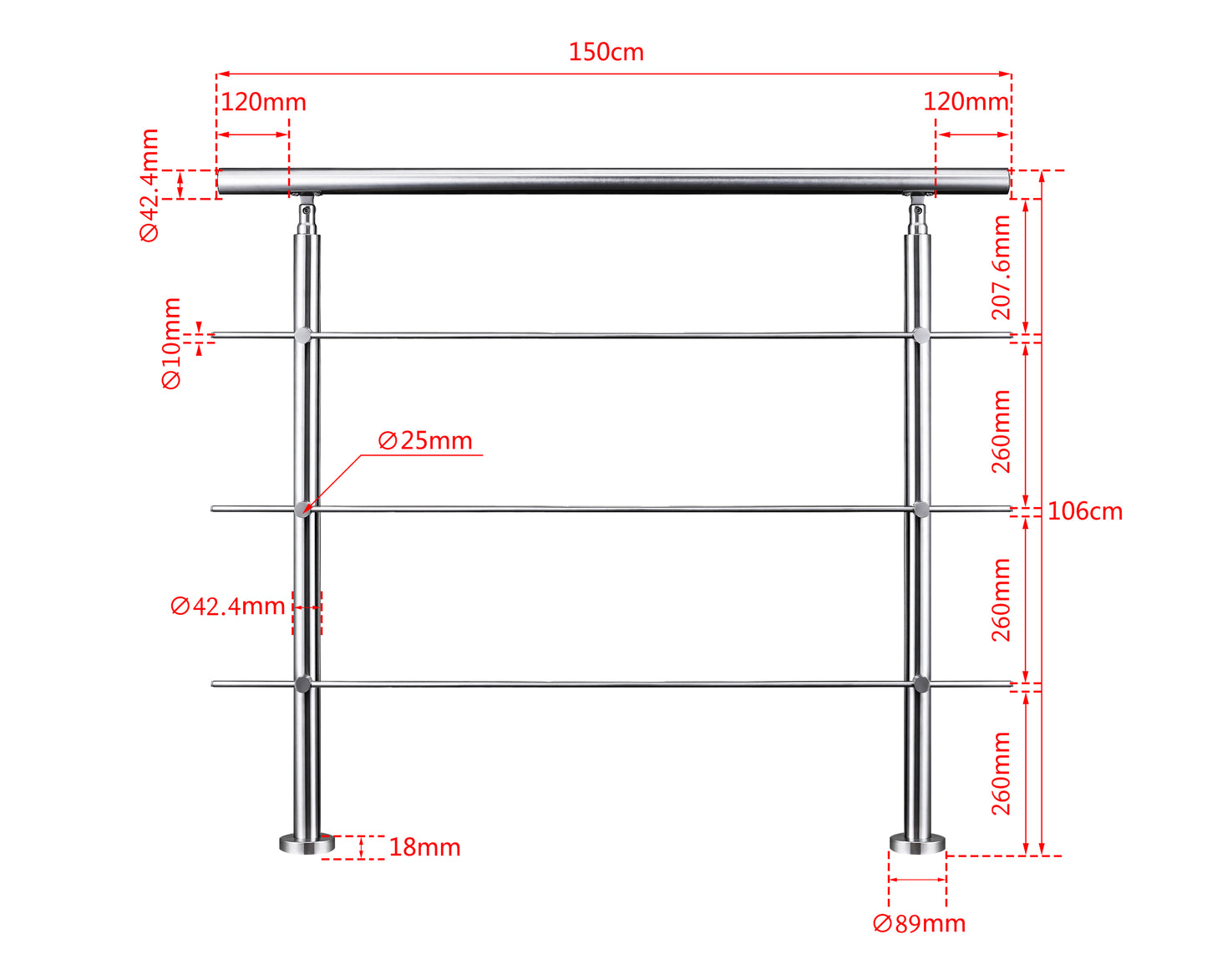 Ringhiera universale in acciaio inox 80-100-120-150-180-200-220-240 cm con 3 barre trasversali 150x106cm