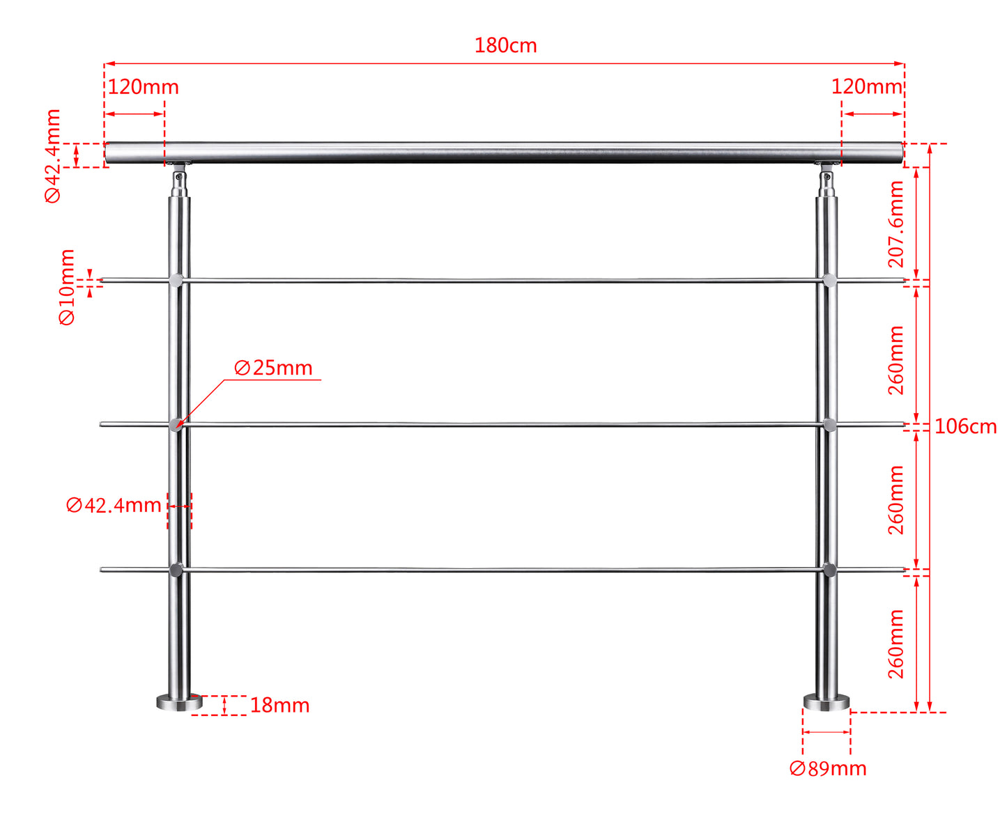 Ringhiera universale in acciaio inox 80-100-120-150-180-200-220-240 cm con 3 barre trasversali 180x106cm