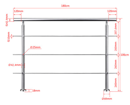 Ringhiera universale in acciaio inox 80-100-120-150-180-200-220-240 cm con 3 barre trasversali 180x106cm
