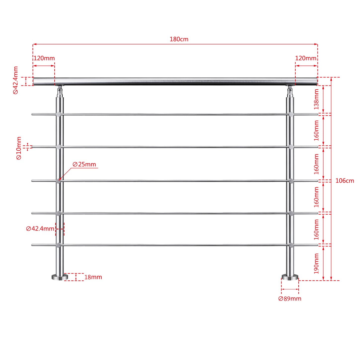 Ringhiera universale in acciaio inox 80-100-120-150-180-200-220-240 cm con 5 barre trasversali 180x106cm