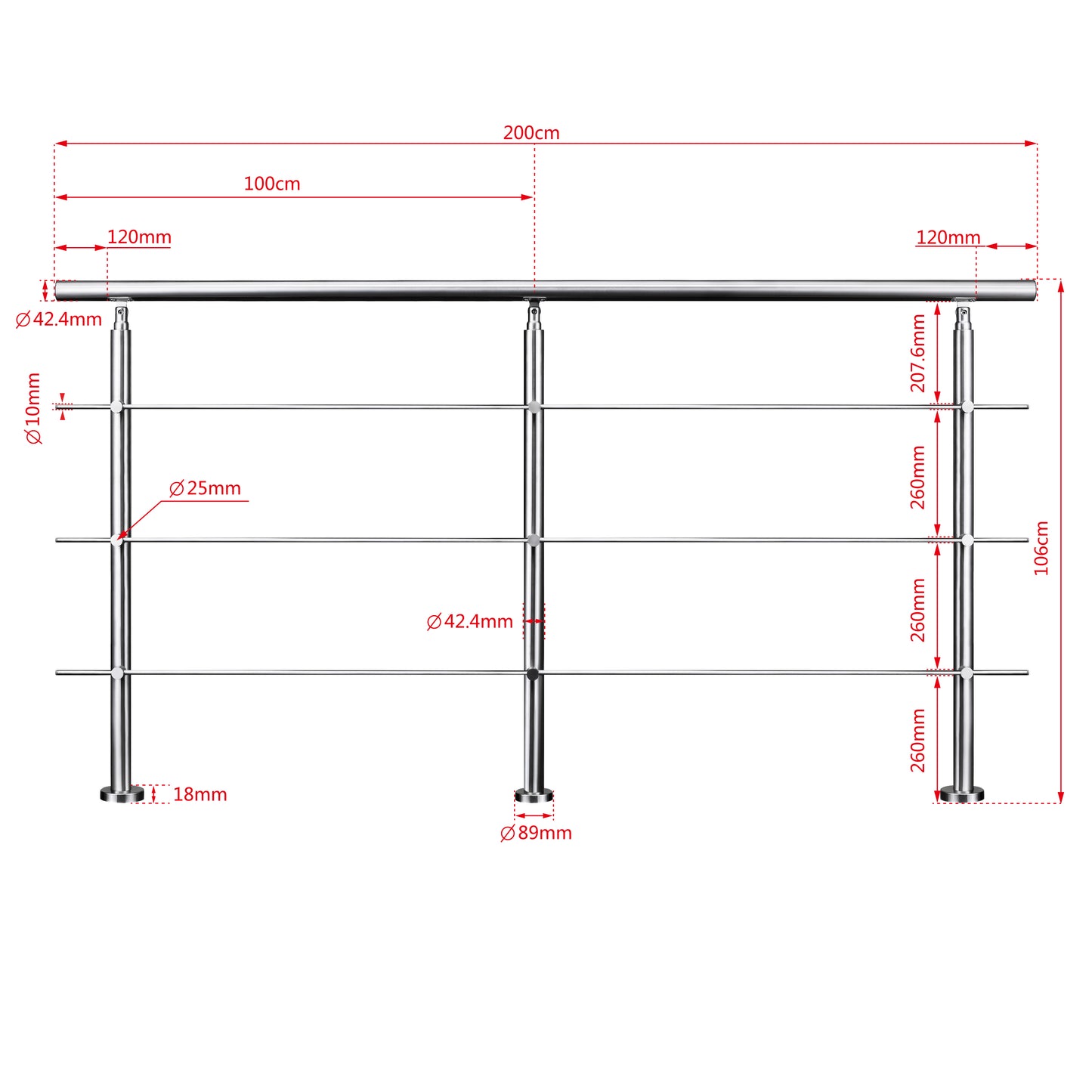 Ringhiera universale in acciaio inox 80-100-120-150-180-200-220-240 cm con 3 barre trasversali 200x106cm