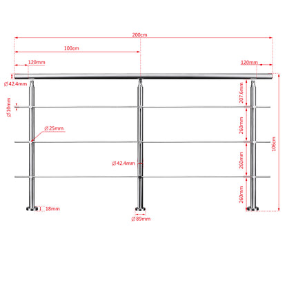 Ringhiera universale in acciaio inox 80-100-120-150-180-200-220-240 cm con 3 barre trasversali 200x106cm