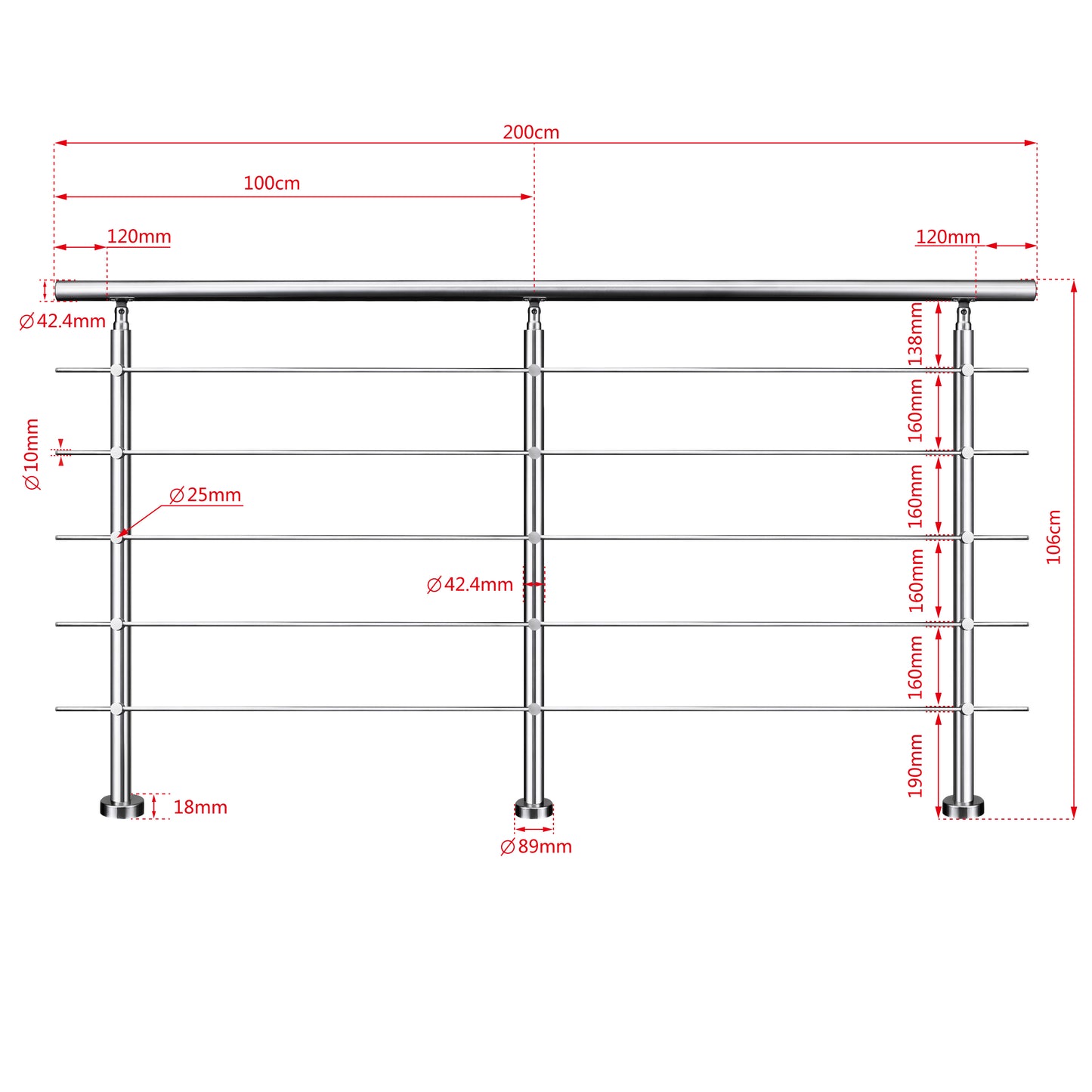 Ringhiera universale in acciaio inox 80-100-120-150-180-200-220-240 cm con 5 barre trasversali 200x106cm