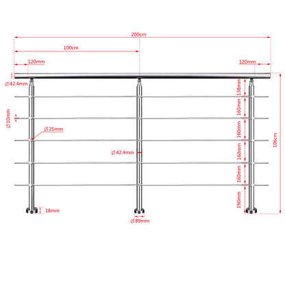Ringhiera universale in acciaio inox 80-100-120-150-180-200-220-240 cm con 5 barre trasversali 200x106cm