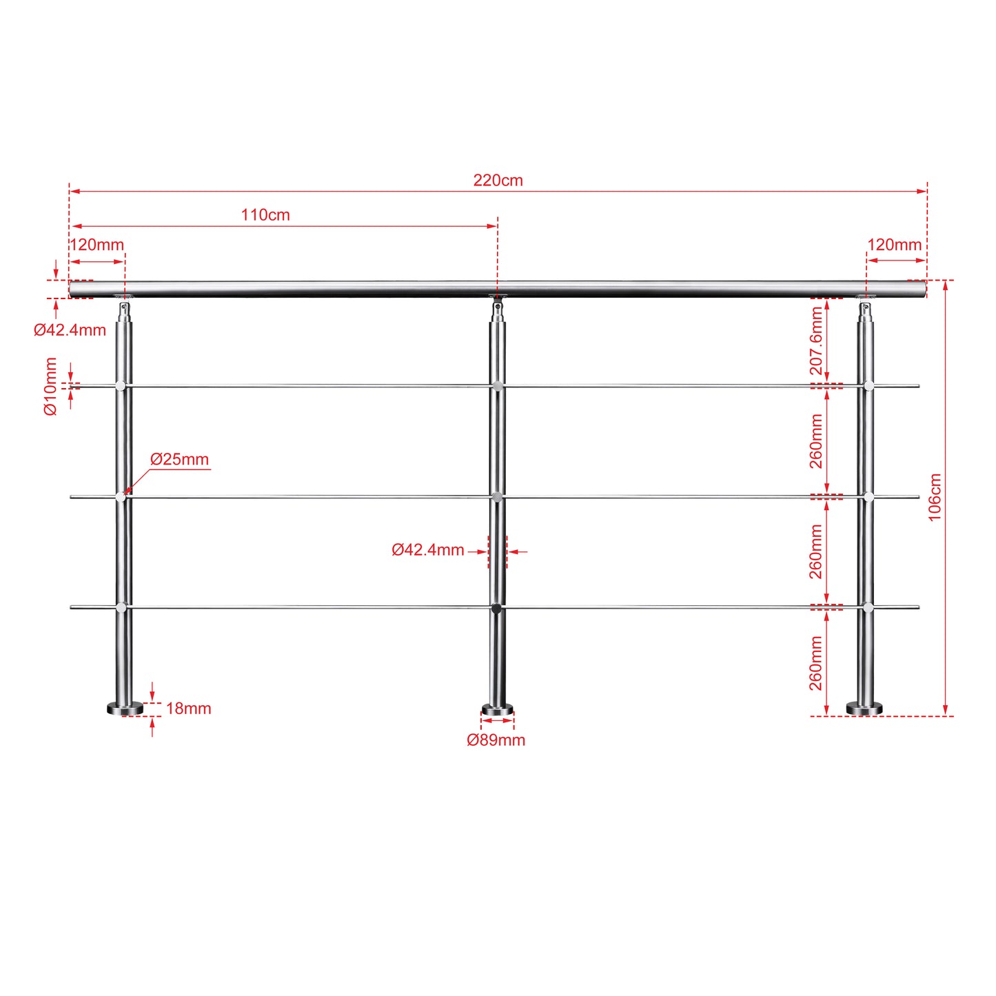 Ringhiera universale in acciaio inox 80-100-120-150-180-200-220-240 cm con 3 barre trasversali 220x106cm