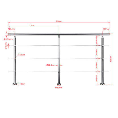Ringhiera universale in acciaio inox 80-100-120-150-180-200-220-240 cm con 3 barre trasversali 220x106cm