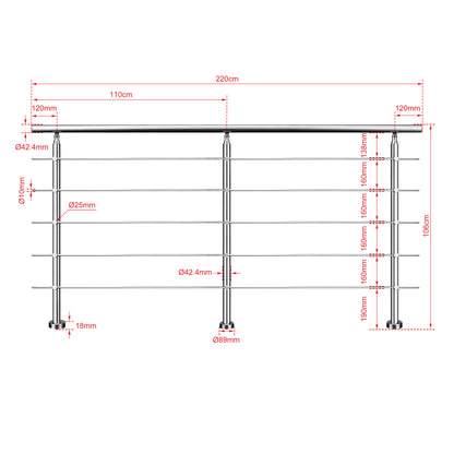 Ringhiera universale in acciaio inox 80-100-120-150-180-200-220-240 cm con 5 barre trasversali 220x106cm
