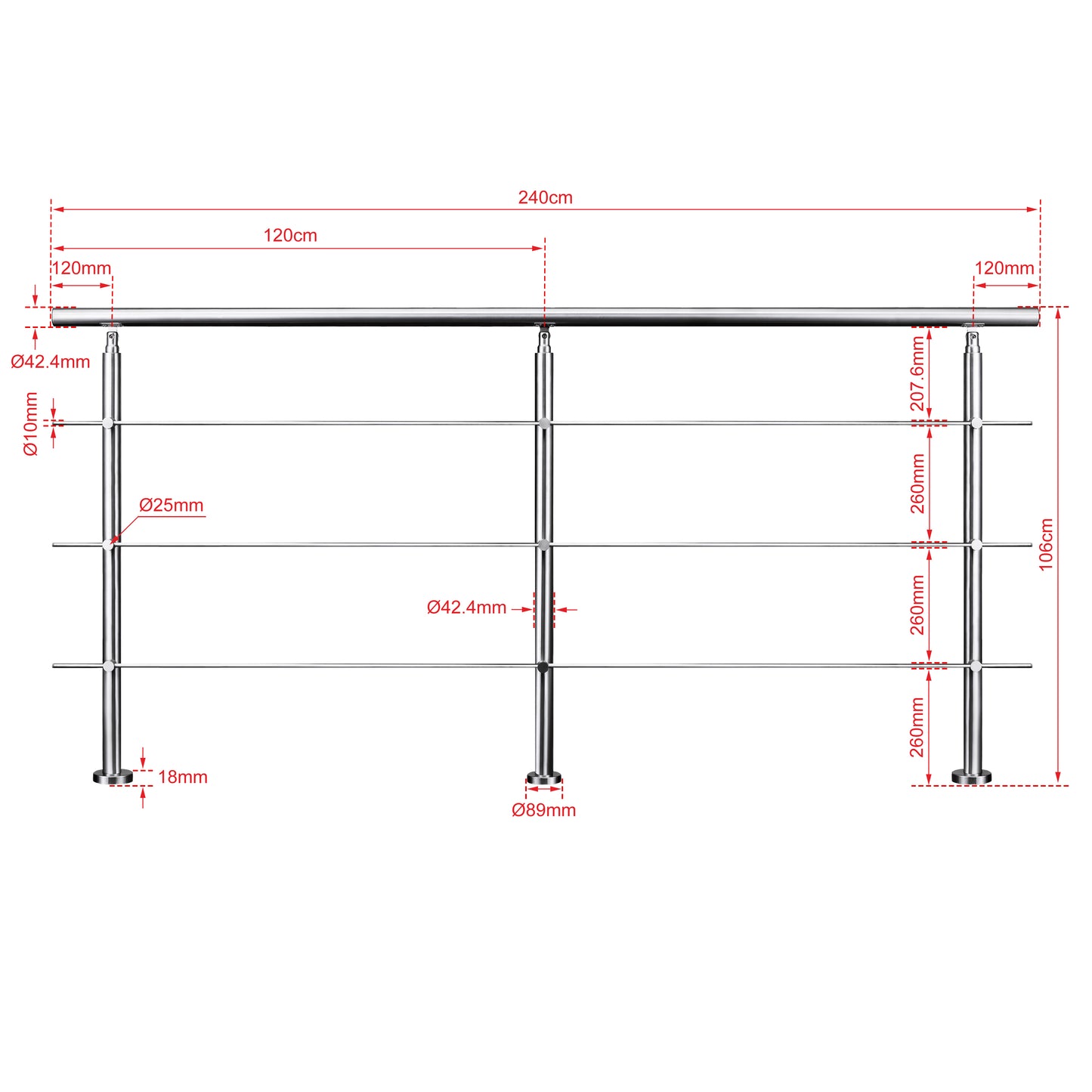 Ringhiera universale in acciaio inox 80-100-120-150-180-200-220-240 cm con 3 barre trasversali 240x106cm