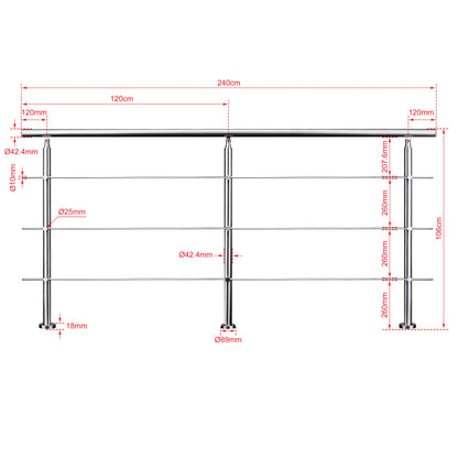 Ringhiera universale in acciaio inox 80-100-120-150-180-200-220-240 cm con 3 barre trasversali 240x106cm