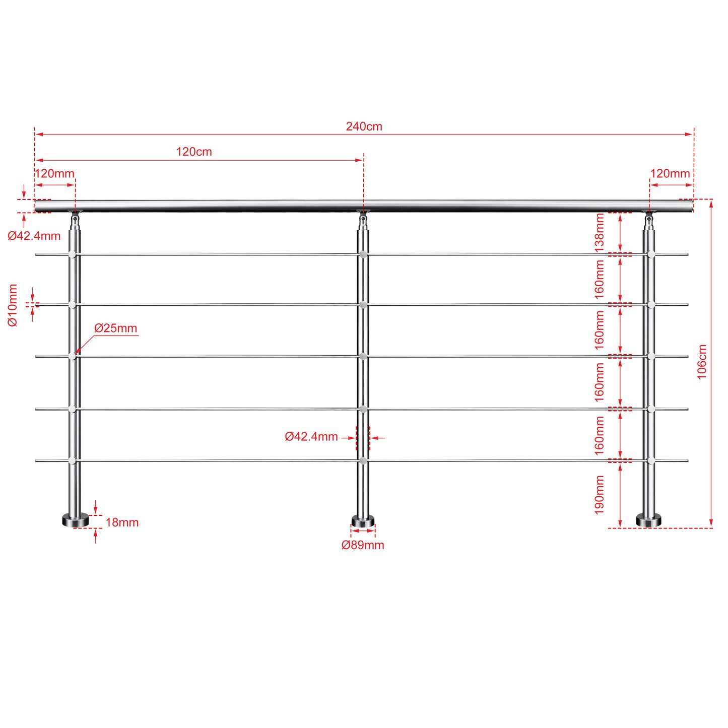 Ringhiera universale in acciaio inox 80-100-120-150-180-200-220-240 cm con 5 barre trasversali 240x106cm