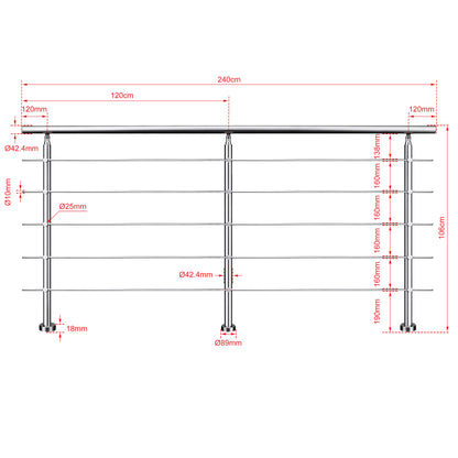 Ringhiera universale in acciaio inox 80-100-120-150-180-200-220-240 cm con 5 barre trasversali 240x106cm