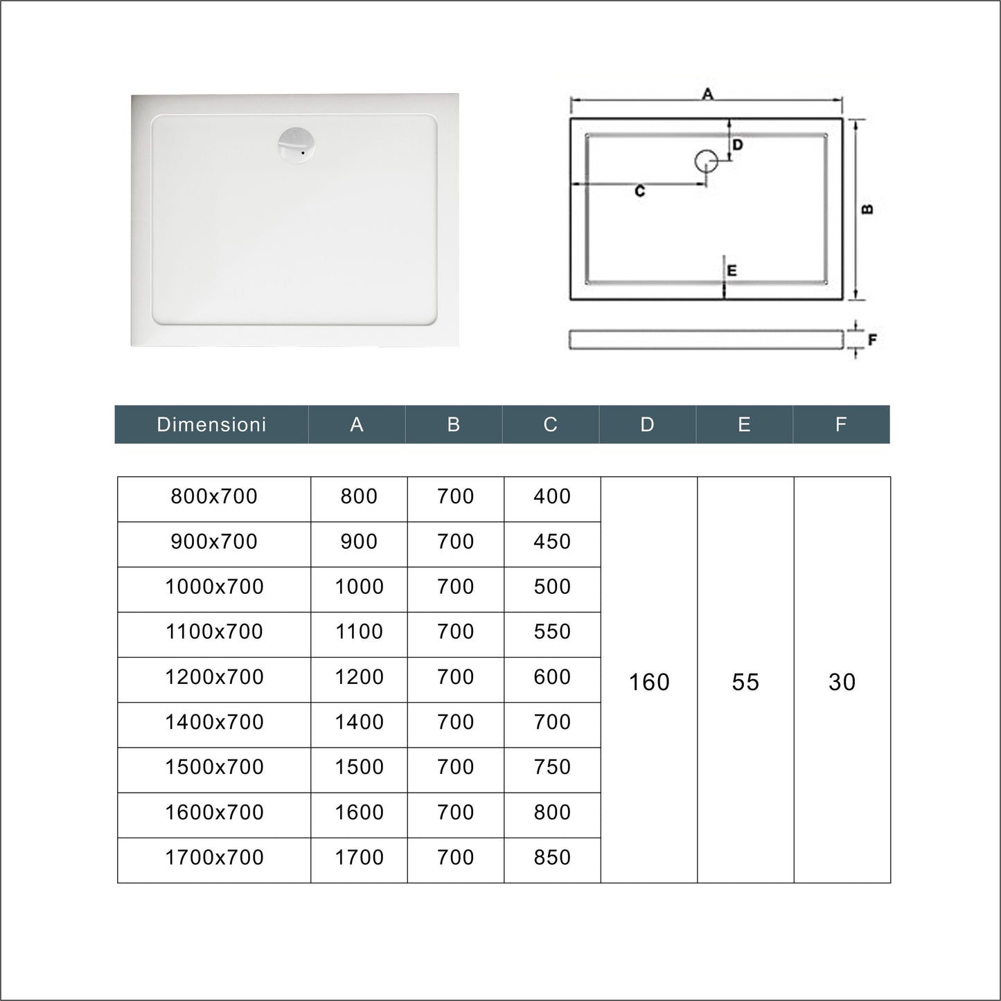 Piatto Doccia Bianco Spessore di 3 cm in Pietra Artificiale e Resina Minerale Mista Piletta Extra Piatta Sottile e Tubo inclusi