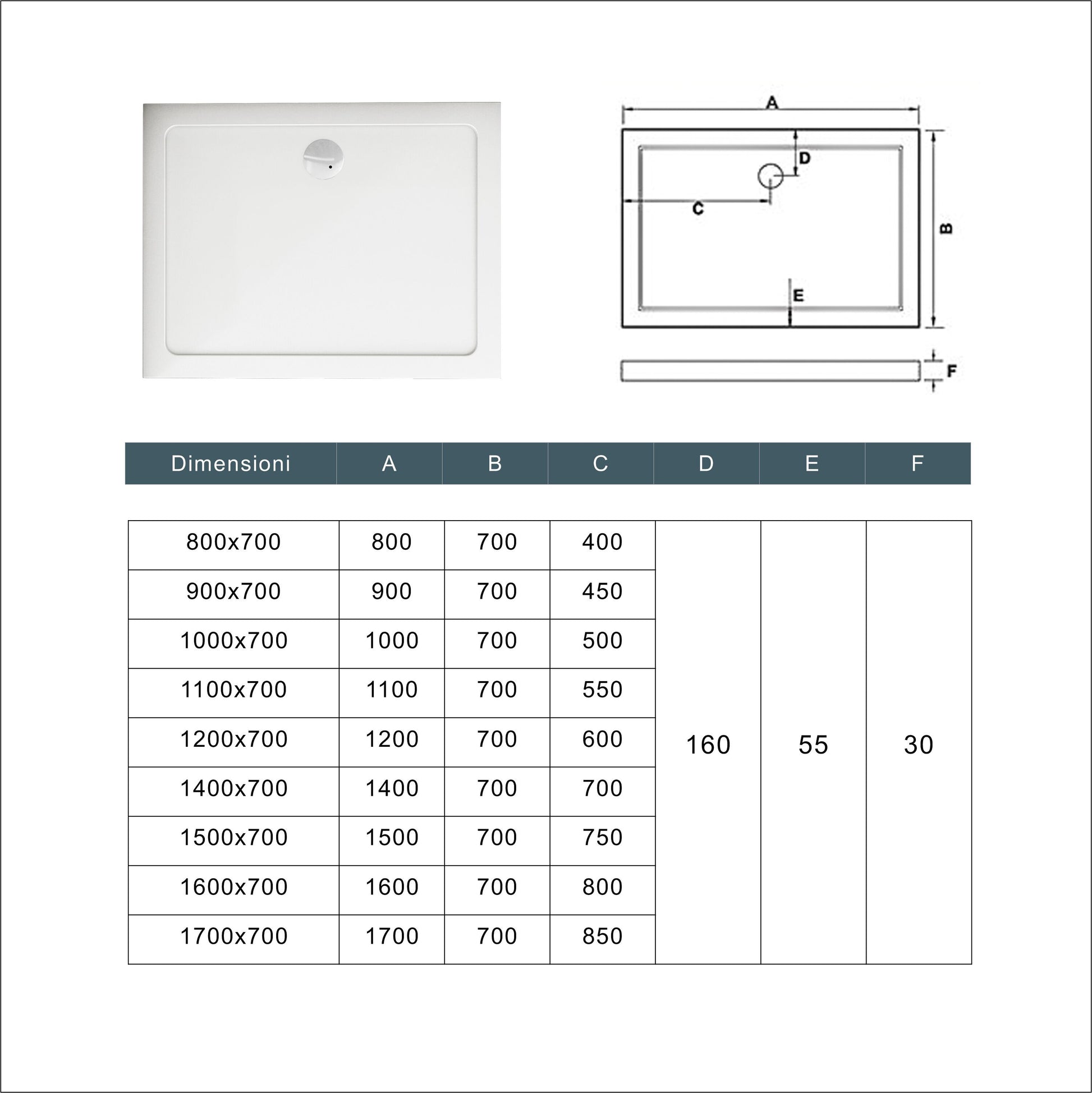 Piatto Doccia Bianco Spessore di 3 cm in Pietra Artificiale e Resina Minerale Mista Piletta Extra Piatta Sottile e Tubo inclusi