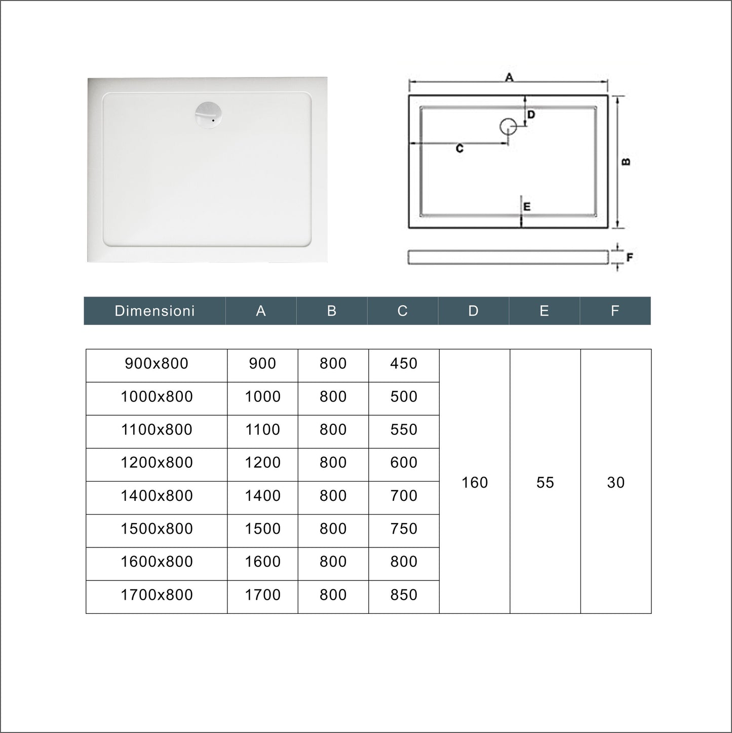 Piatto Doccia Bianco Spessore di 3 cm in Pietra Artificiale e Resina Minerale Mista Piletta Extra Piatta Sottile e Tubo inclusi