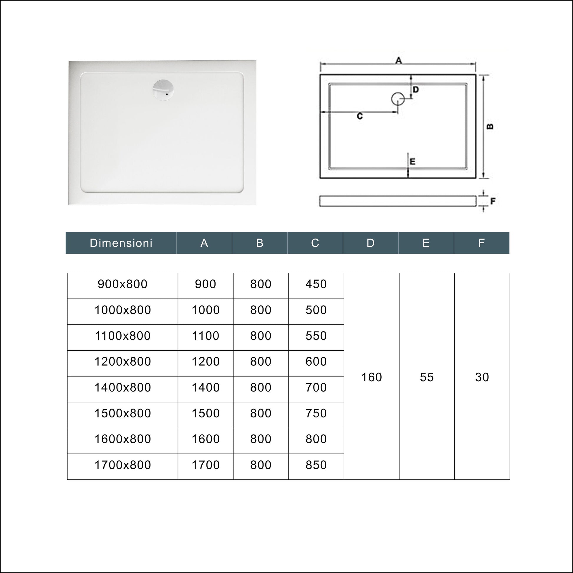 Piatto Doccia Bianco Spessore di 3 cm in Pietra Artificiale e Resina Minerale Mista Piletta Extra Piatta Sottile e Tubo inclusi
